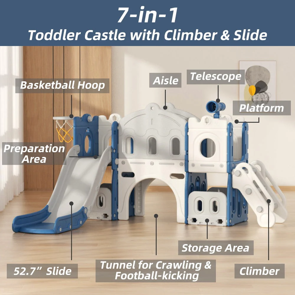 XJD 8-in-1 Toddler Slide Climber, Slide Set Playground for Kids, Slide Toddlers Climber and Slide Set with Basketball Hoop and Ball, Slide for Toddlers Age 12 Month +(Blue) - Image 5