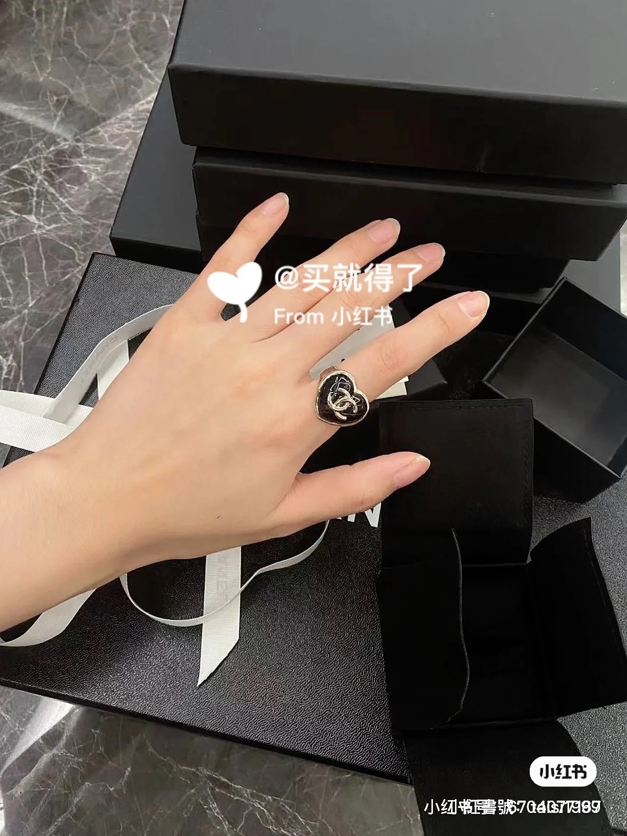Chanel Black Enamel Heart Light Gold Ring - Original Replica Club