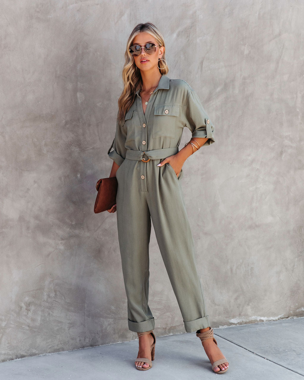 Exploring The Orchards Pocketed Belted Jumpsuit - Olive - Se7enfashion