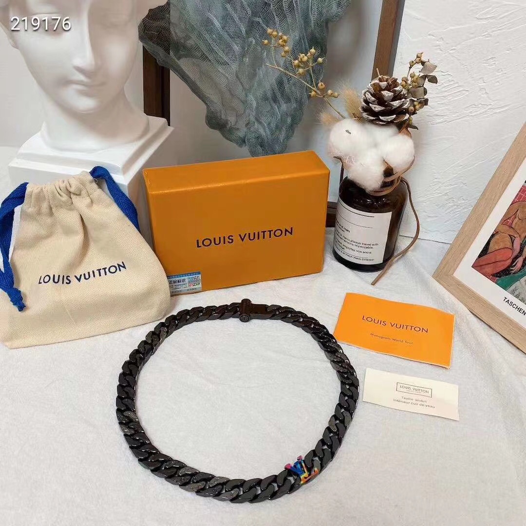 Louis Vuitton Black Cuban Chain Color LV Mens Bracelet Necklace - Original Replica Club