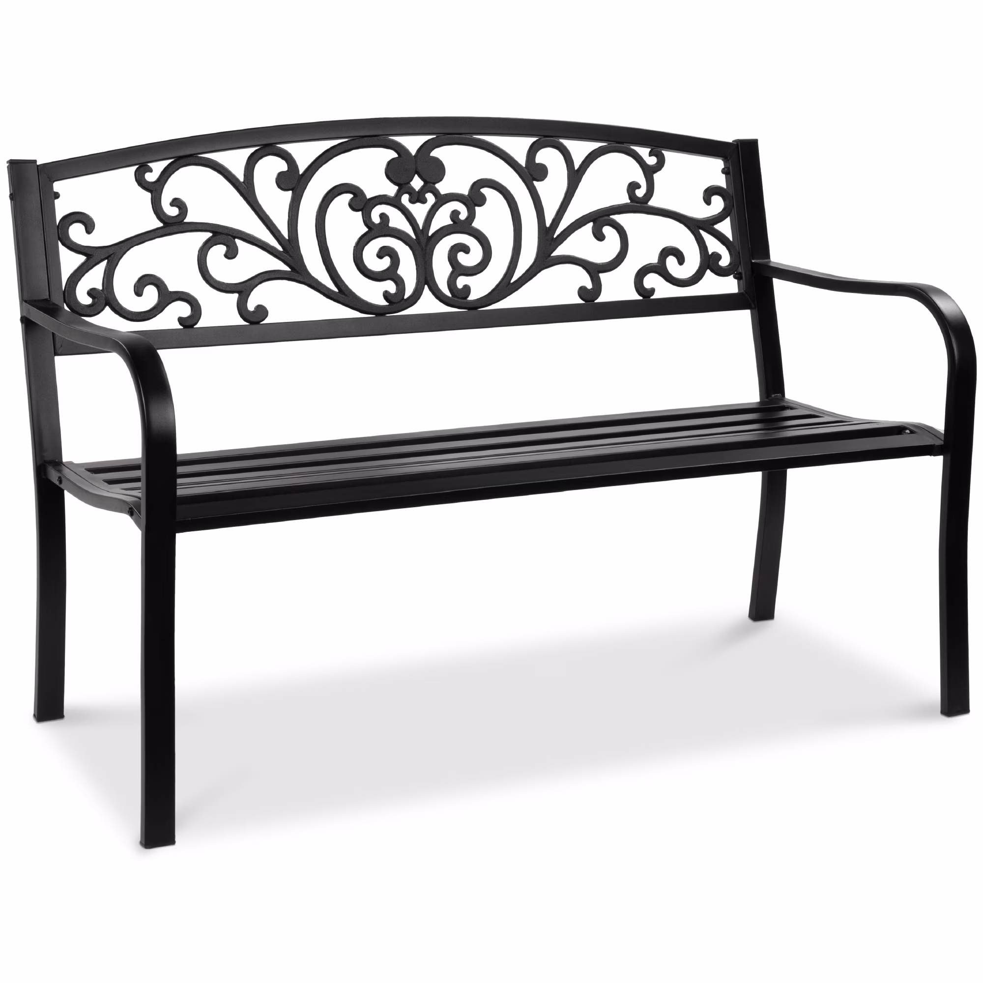 Best Choice Products Outdoor Steel Bench Garden Patio Porch Furniture W/ Floral Design Backrest - Black