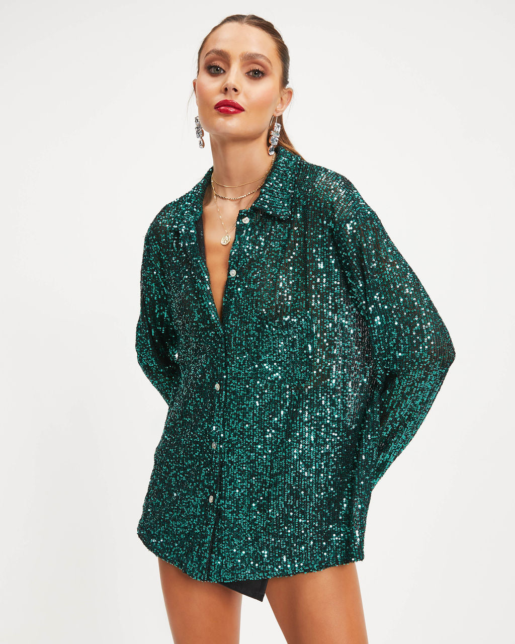 Be A Star Sequins Button Down Top - Emerald - Se7enfashion
