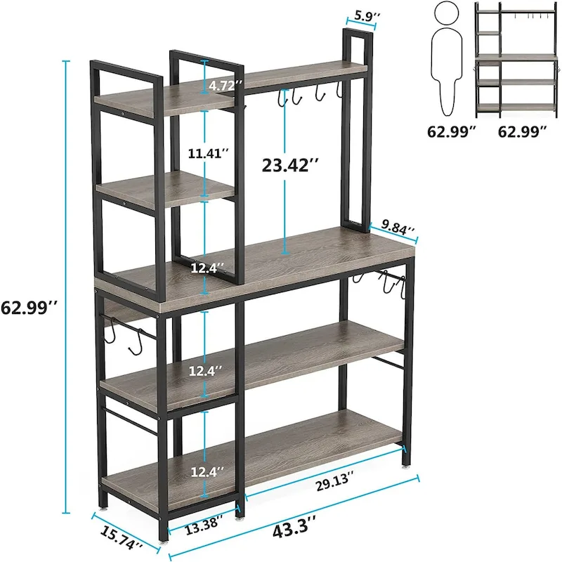 43-Inch Kitchen Bakers Rack with Microwave Stand - 5-Tier Utility Storage Shelf and 10 Hooks for Kitchen and Living Room