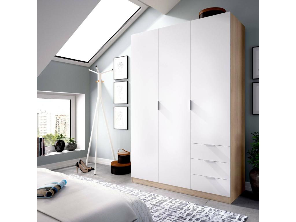 Armario Cozovis - Perchero para dormitorio - Armario con 3 puertas batientes y 3 cajones - 121x52h184 cm - Blanco y Roble