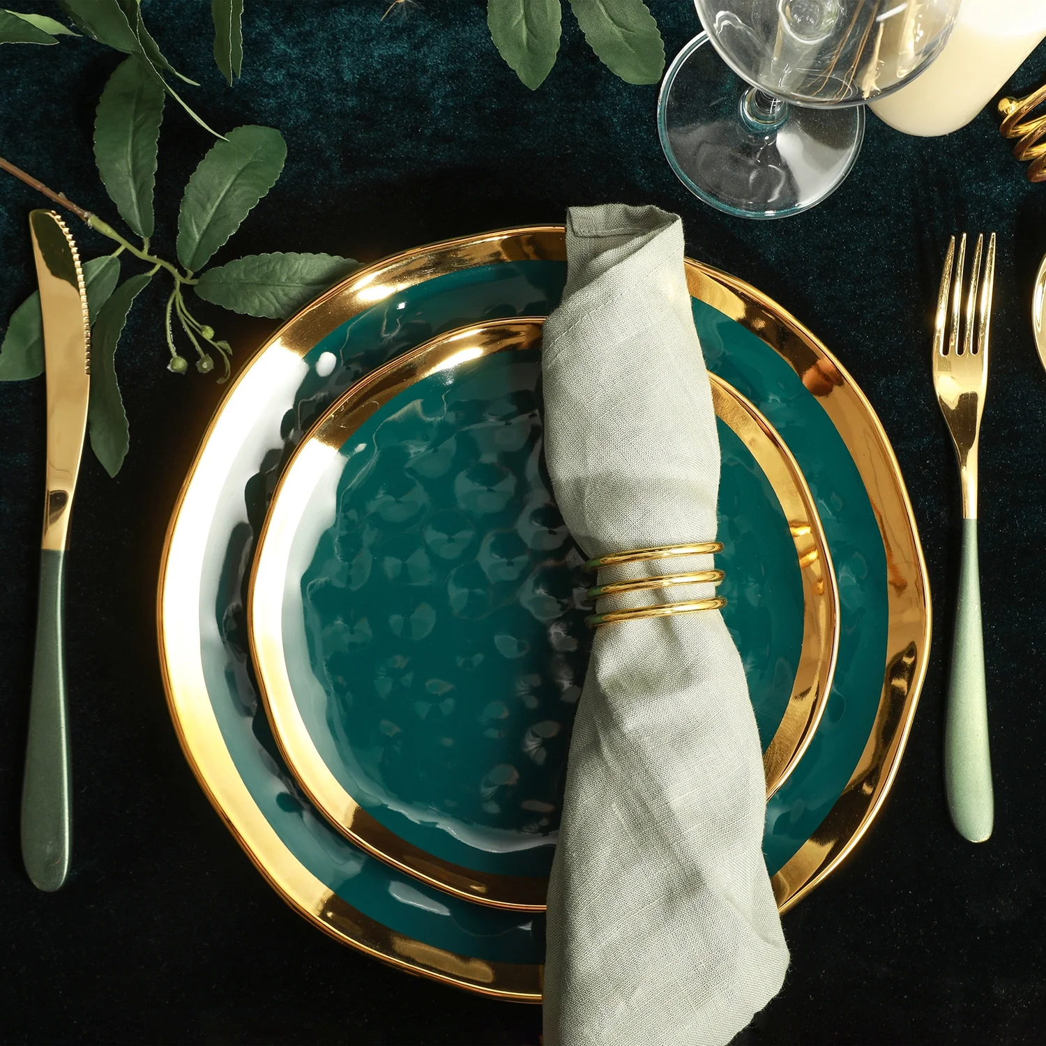 Stone Lain Florian 32-Piece Dinnerware Set Porcelain, Green - Image 4