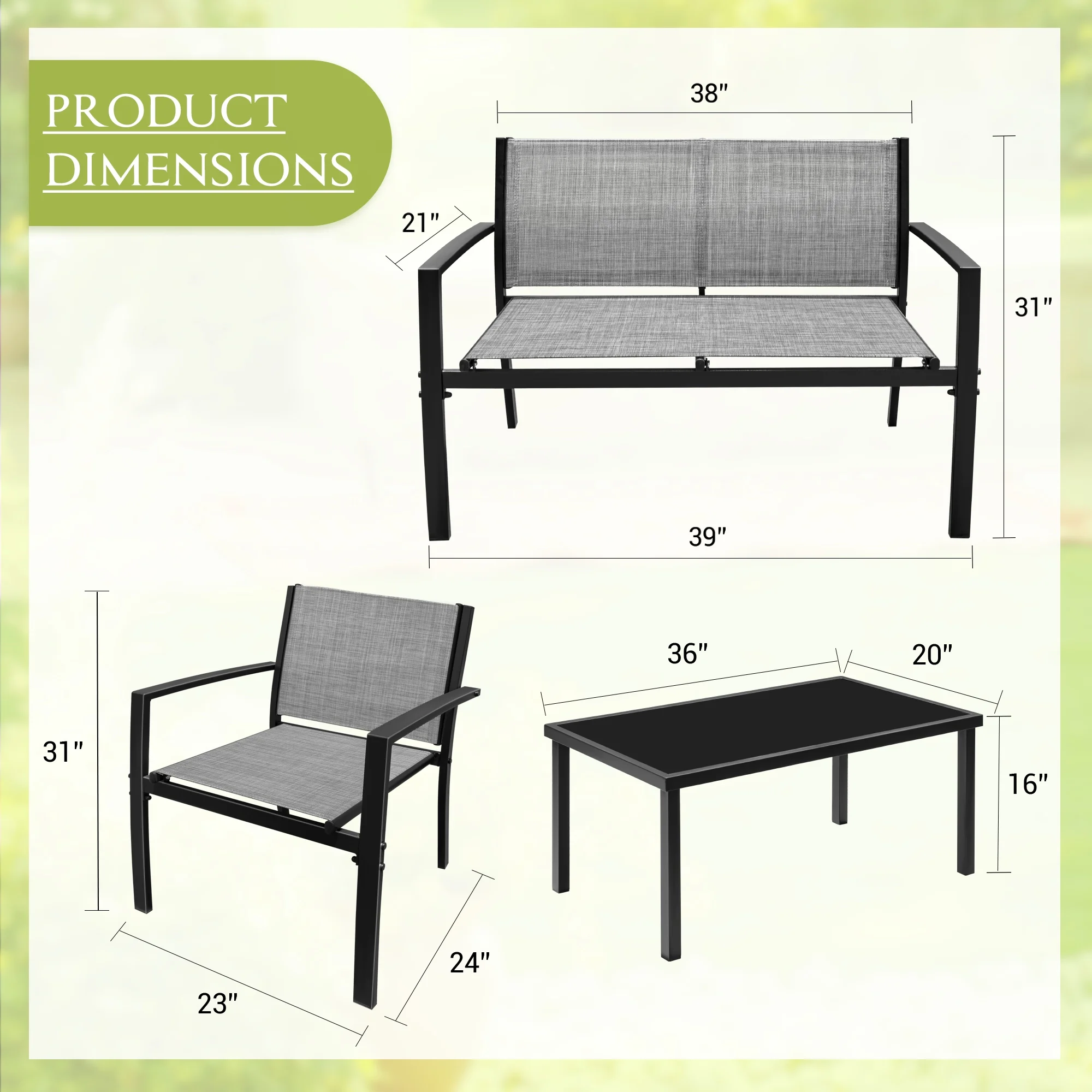 LACOO 4 Pieces Outdoor Furniture Set Patio Textilene Steel Conversation Set with Loveseat Tea Table for Lawn and Balcony, Black - Image 13