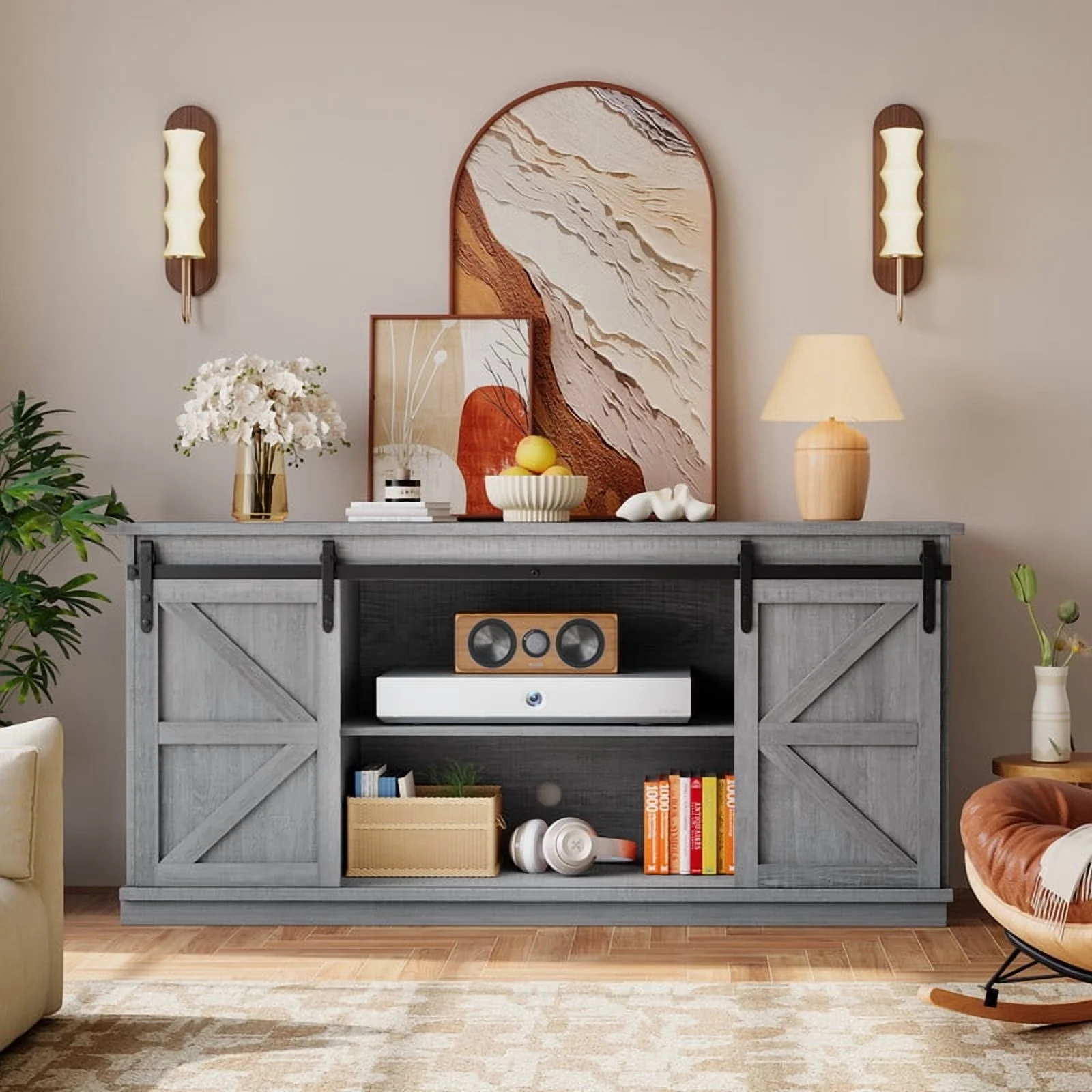 Vineego 70 inch Farmhouse TV Stand for Living Room, Entertainment Center with Sliding Barn Doors & 4 Storage Drawers, Adjustable Shelves Rustic Media Console for Bedroom,White - Image 17