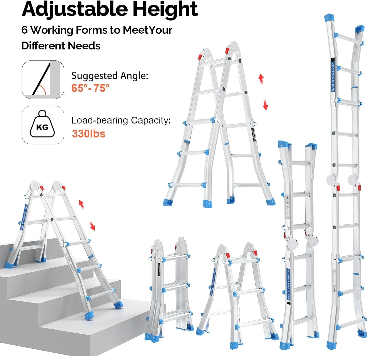 LUISLADDERS Ladder, A Frame 6 Step Ladder Telescoping Ladder, 22 Ft Reach Height Muti Position Folding Ladder Flared Leg & Wheels Design, 330 lbs Capacity Extension Ladder for Household Outdoor Work - Image 12