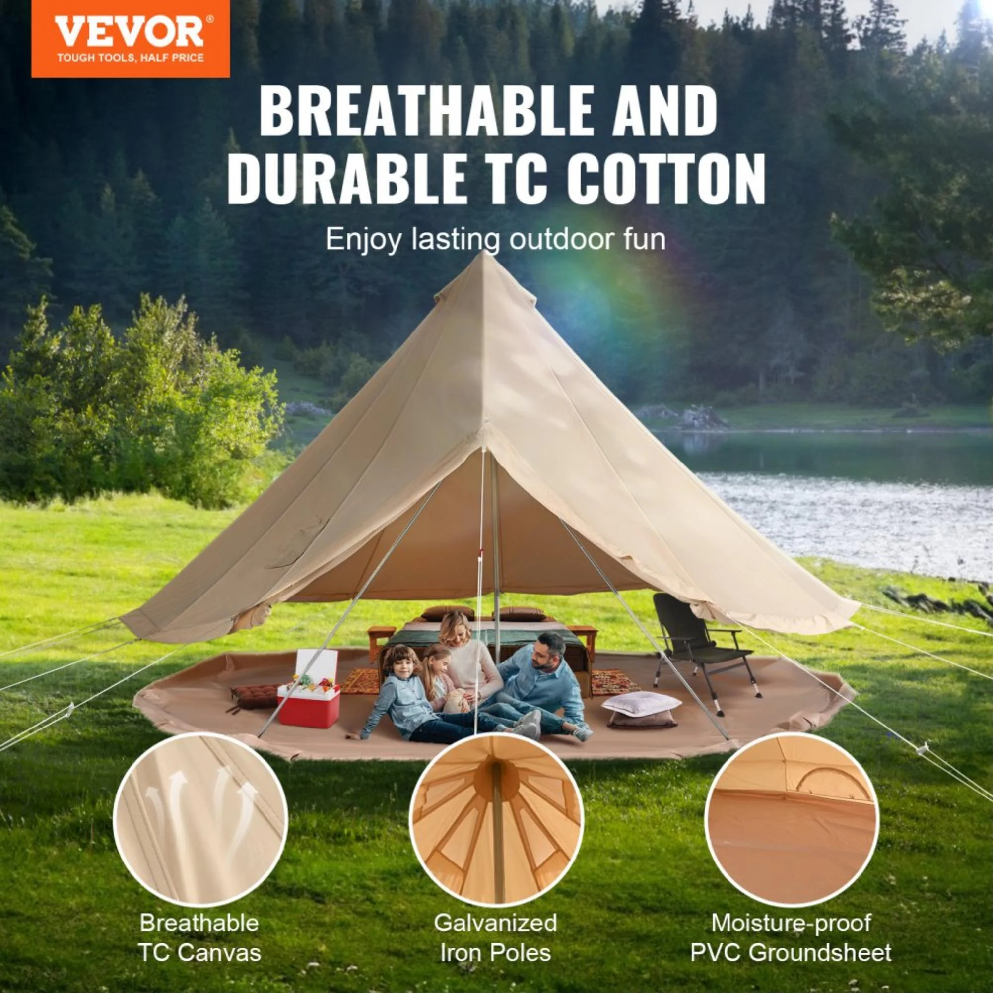 12-Person Waterproof Glamping Bell Tent with Stove Jack, Breathable Large Yurt Tent for Family Camping, 23'x23', Detachable Side Wall - Image 2