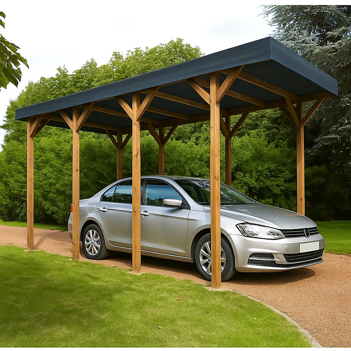 Cochera Independiente 15,4 m² (5,2 x 2,96 x 2,5 m) – Madera de Pino Tratada – Techo Asfáltico Plano – Aparcamiento Cubierto para 1 Coche – Estilo Natural y Robusto