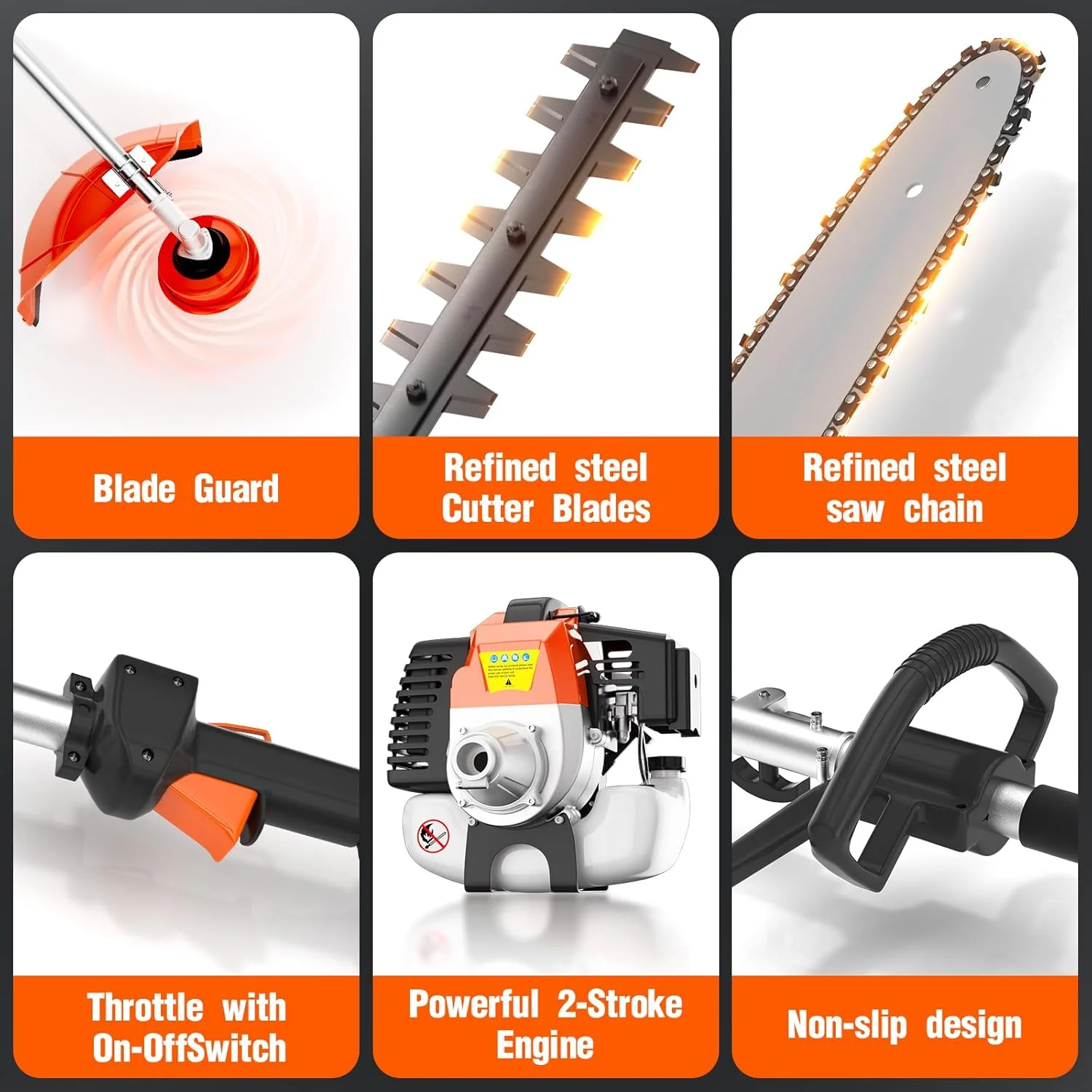 Datingday 52CC Orange Gas Weed Wacker, 2-Stroke Weed Eater Gas Powered, 6-in-1 Gas Hedge Trimmer, Gas Brush Cutter, Gas String Trimmer, Pole Saw with Extension Pole - Image 4