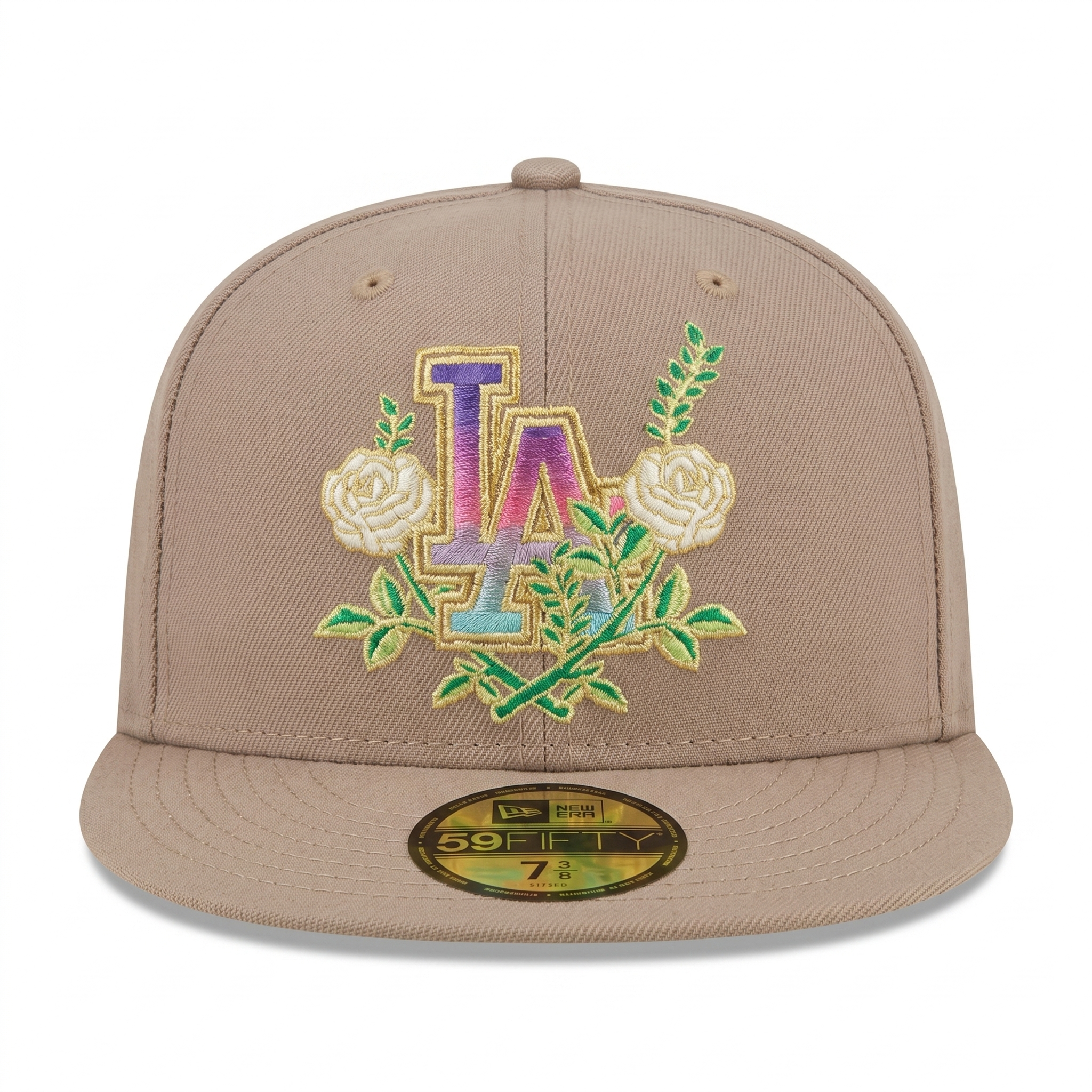 Front-facing view of New Era LA Dodgers 9FIFTY Stretch Snapback with rose floral embroidery and gold visor sticker.