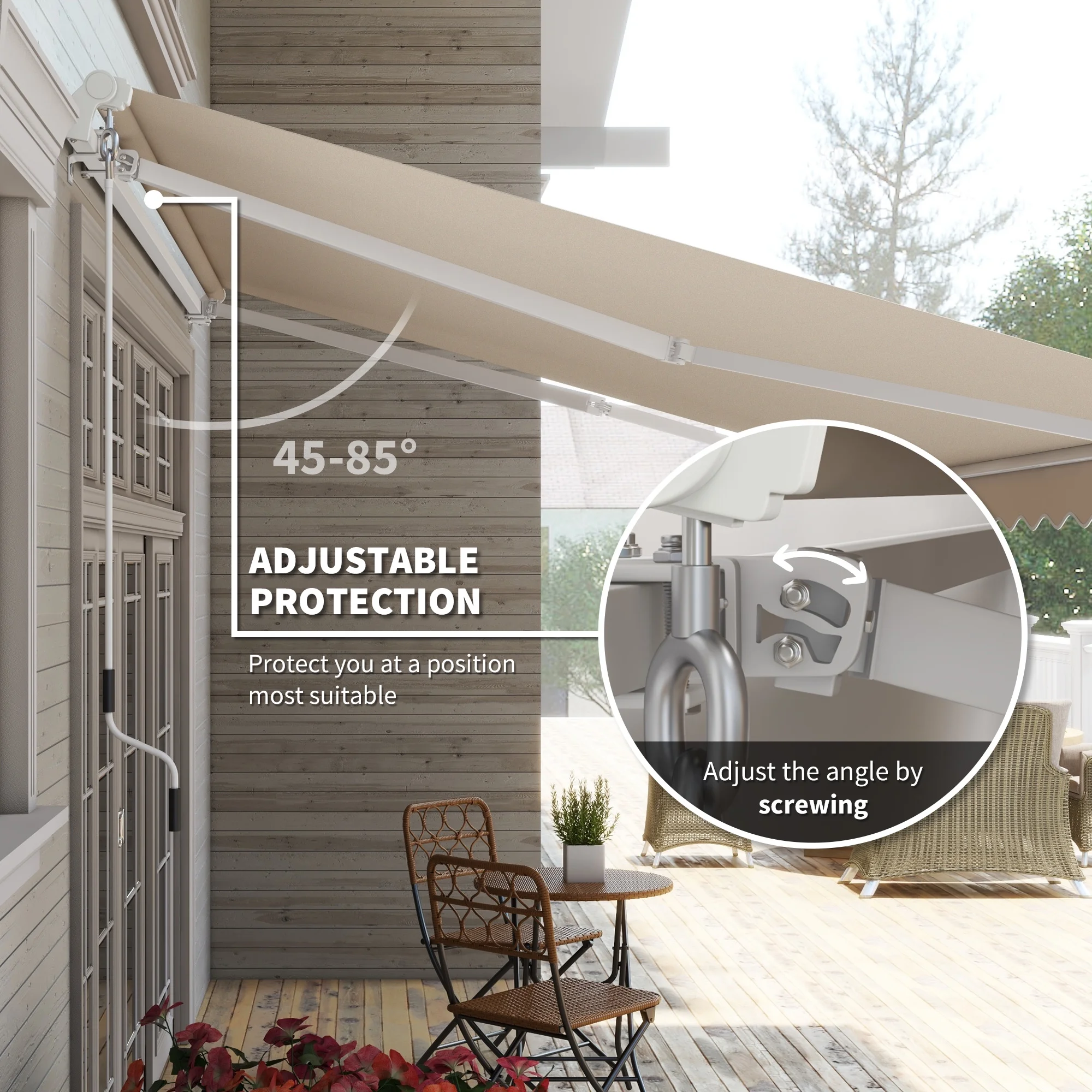 Outsunny 12' x 10' Manual Retractable Awning Outdoor Sunshade Shelter for Patio, Balcony, Yard, with Adjustable & Versatile Design, Beige and White - Image 19