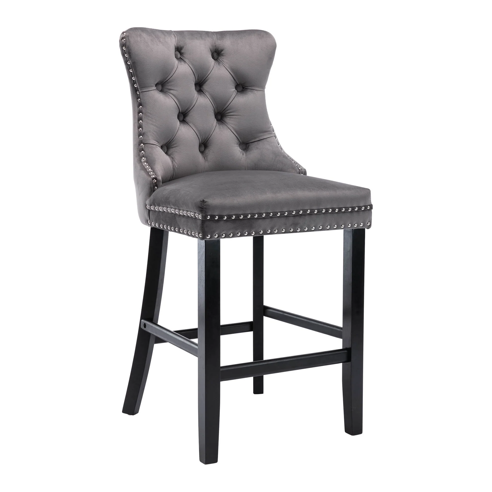 Velvet Bar Stools Set of 2, Upholstered Counter Height Bar Chair with Rivet and Button Trim, Bar Stool with Back and Footrest, for Dining Room, Kitchen, Pub, Gray - Image 7