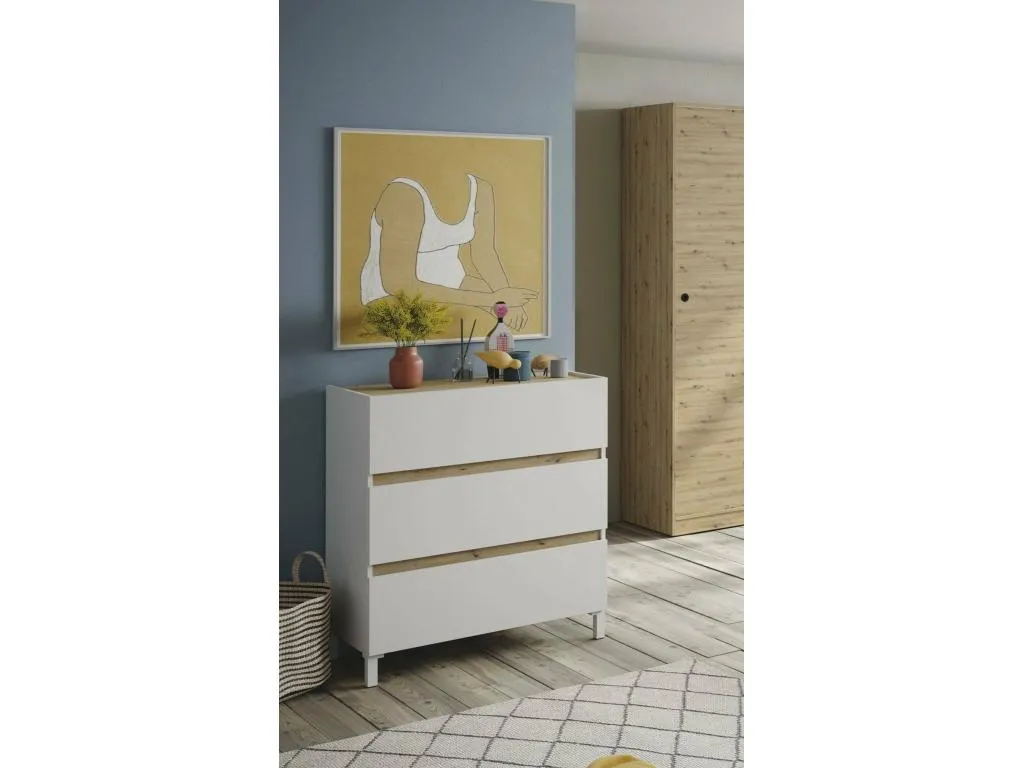 Cajonera Cosinor, cómoda multiusos, cómoda de dormitorio, gabinete con cajones, 79x41 h91 cm, blanco y roble nodoso tyv3583995