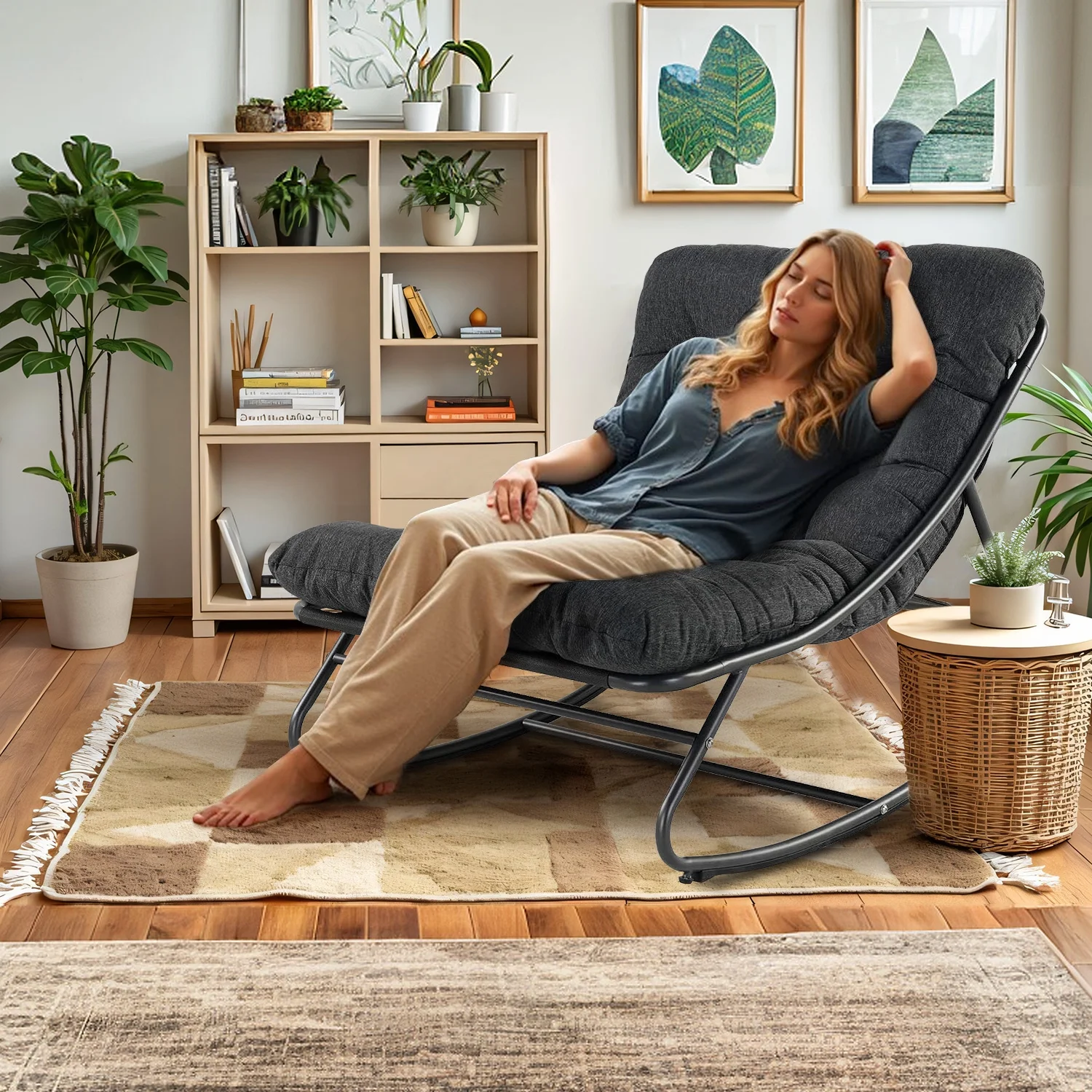 Outdoor Rocking Chair, Indoor Oversized Comfy Reading Chairs Set with Cushion, Patio Rocker Recliner Chair, Grey - Image 10