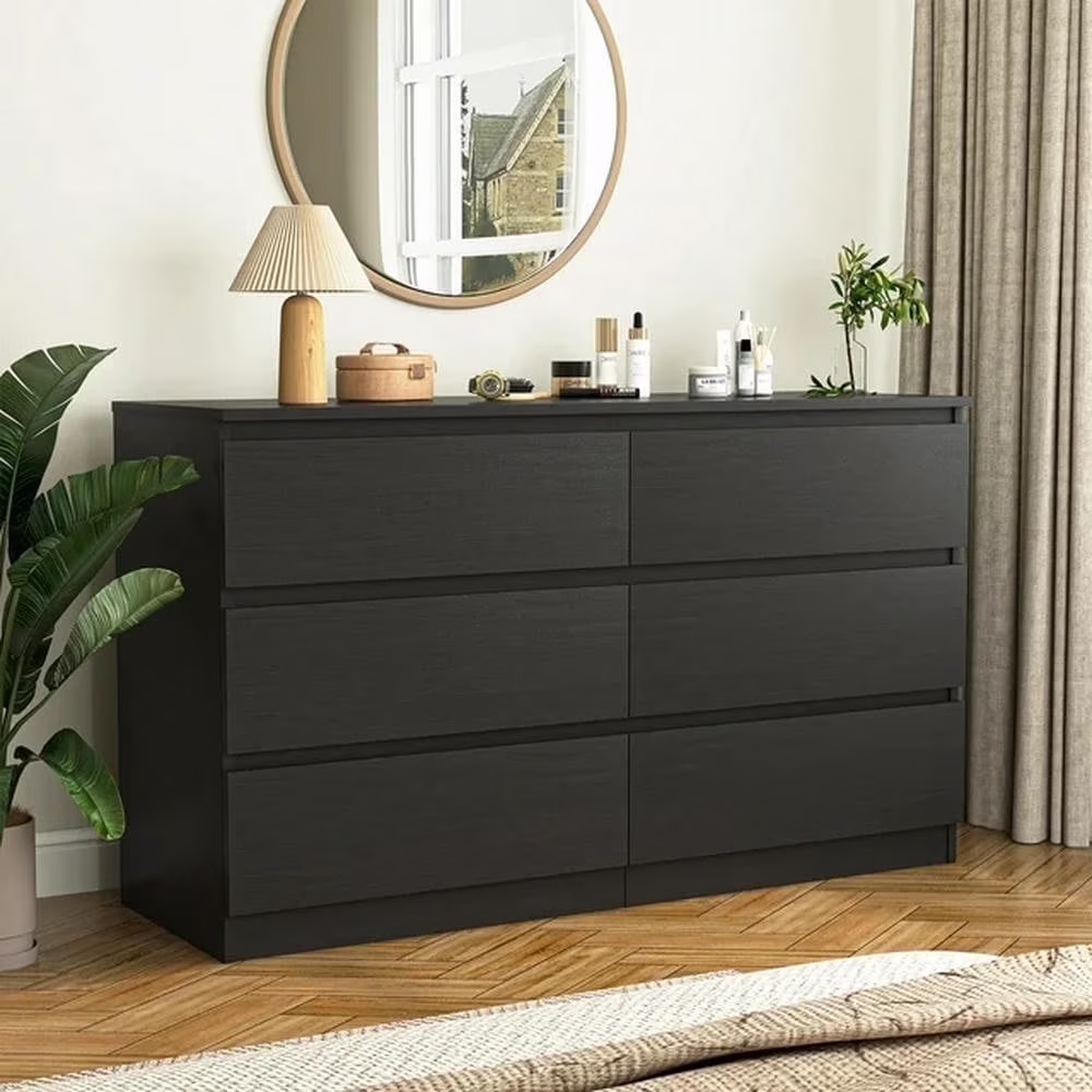 Kadyn Modern 6 Drawer Dresser Wood Cabinet, Dresser for Bedroom, Kitchen Storage Cabinet with Drawers, Chest of Drawers(Black)(White with Handleless)