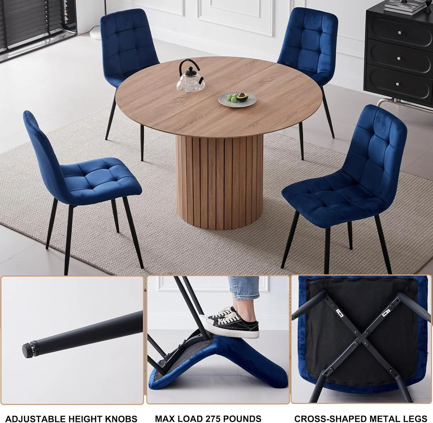 5 Piece Round Dining Table Set - Mid-Century 47 inch Oak Dining Table with 4 Brown Faux Leather Chairs Set, Dinner Table & Chair with Metal Legs for Kitchen Dining Room, Apartment, Bedroom - Image 26