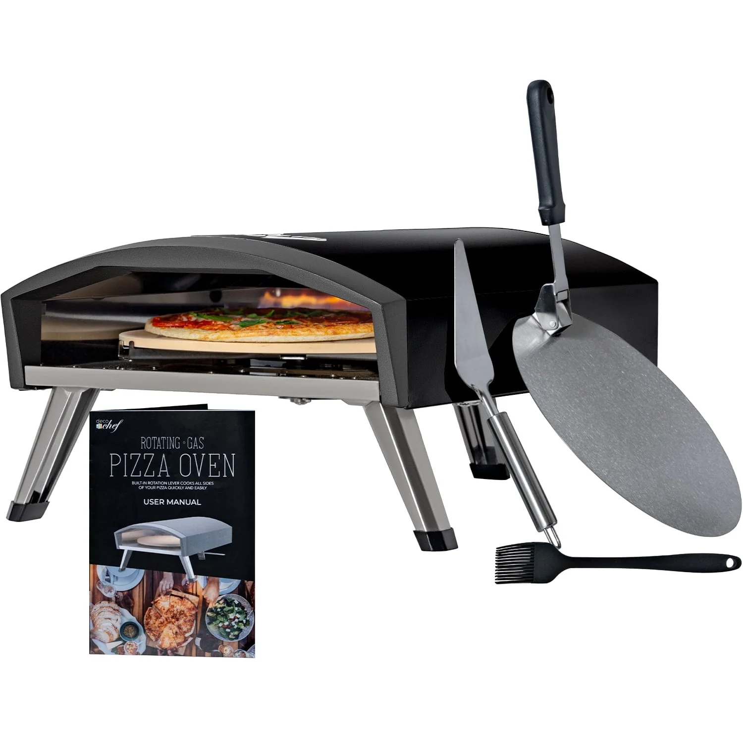 Deco Chef Outdoor Gas Pizza Oven, Portable Collapsable Design, Hassle-Free Self-Rotating Baking Stone, Black