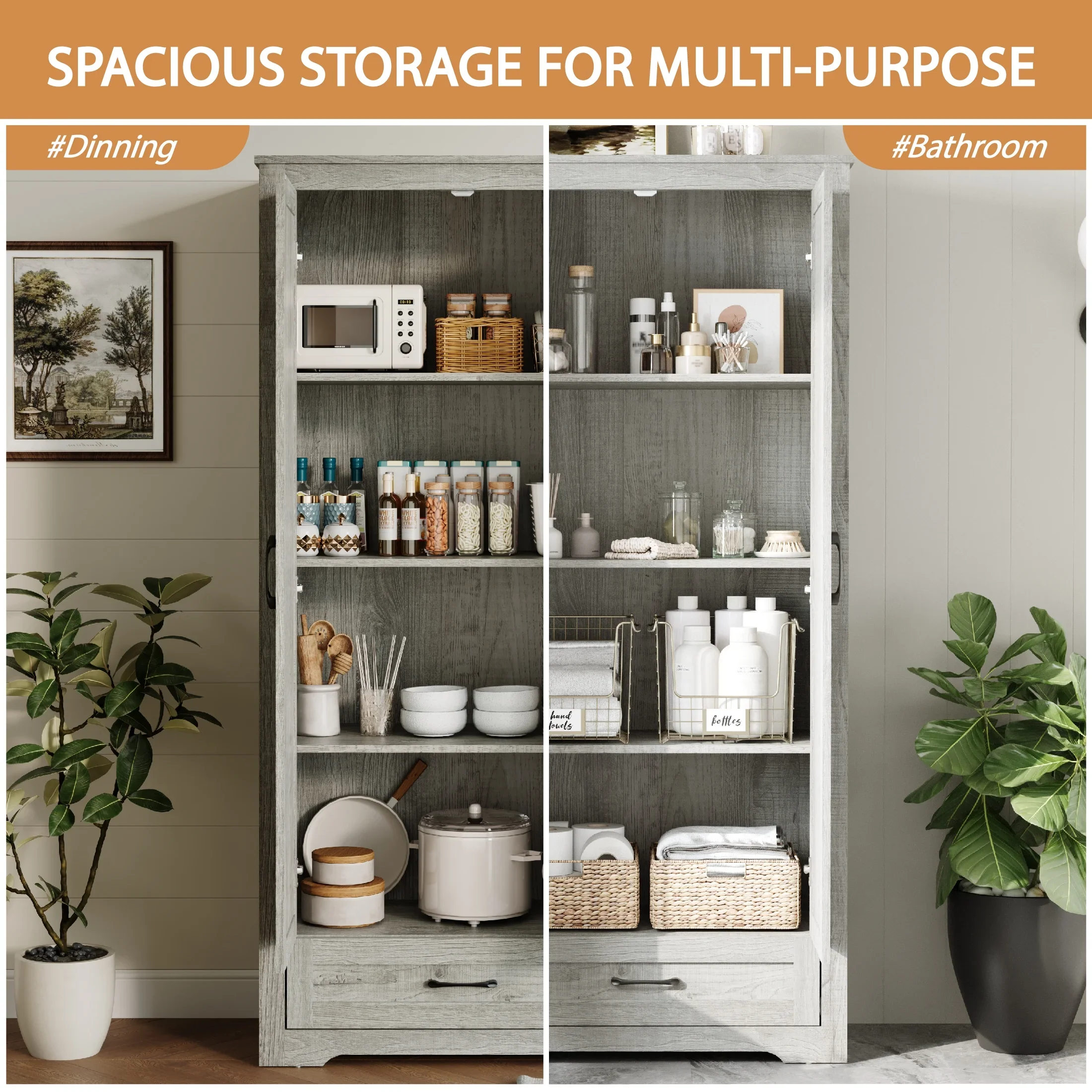 YouTrend 69" Tall Kitchen Pantry,Farmhouse Storage Cabinet with 2 Barn Doors 4 Adjustable Shelves and Large Drawer for Dining Room,Living Room,Bathroom,White