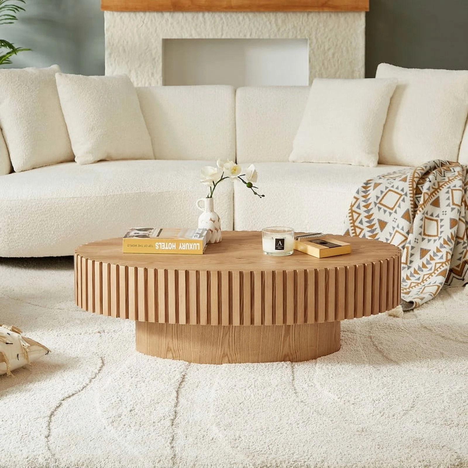 FFH 43.7 inch Oval Coffee Table for Living Room,Handcraft Rustic Corner Coffee Table Nature Wood Relief Sturdy Pedestal for Apartmen,Side Table Centre Table,Nature Wood - Image 52