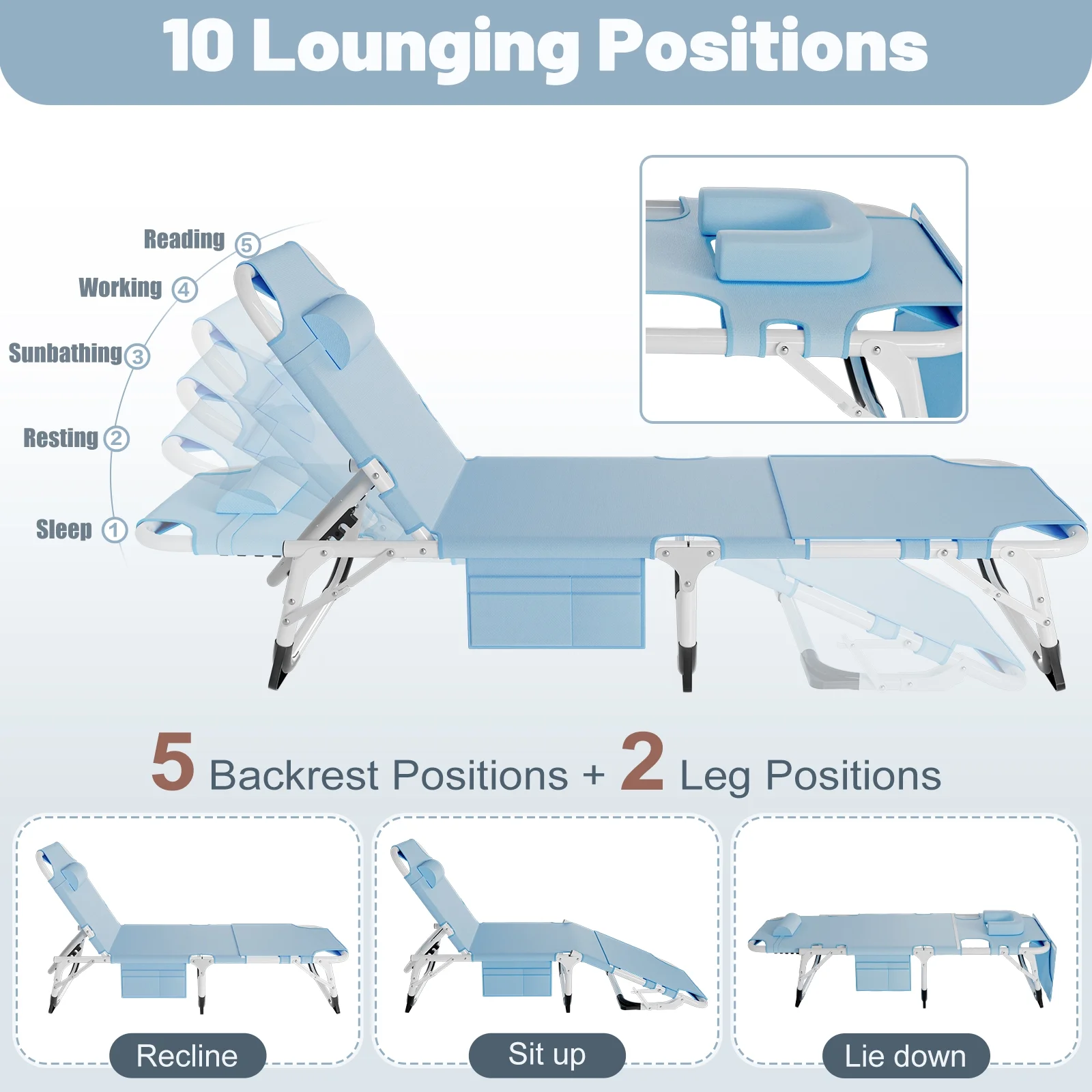 MOPHOTO Lounge Chair with Mattress, Outdoor Chaise Lounge Support 440 Lbs, Adjustable Portable Heavy Duty Sleeping Cots Bed for Camping, Pool, Beach, Patio - Image 49