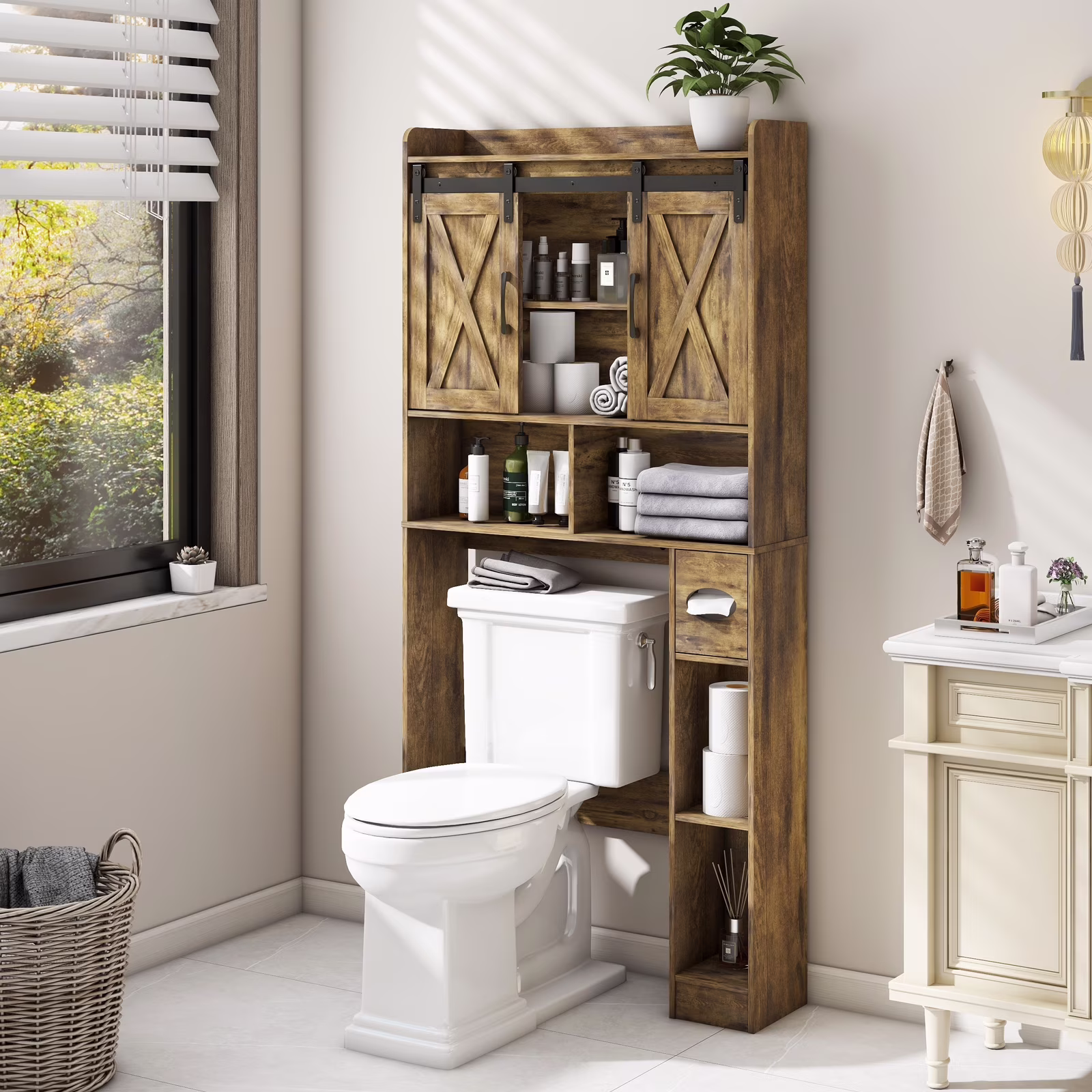 Over The Toilet Storage Cabinet, Farmhouse Storage Cabinet Over Toilet with Sliding Doors-Home Space-Saving Toilet Rack, for Bathroom, Restroom, Laundry - Image 7
