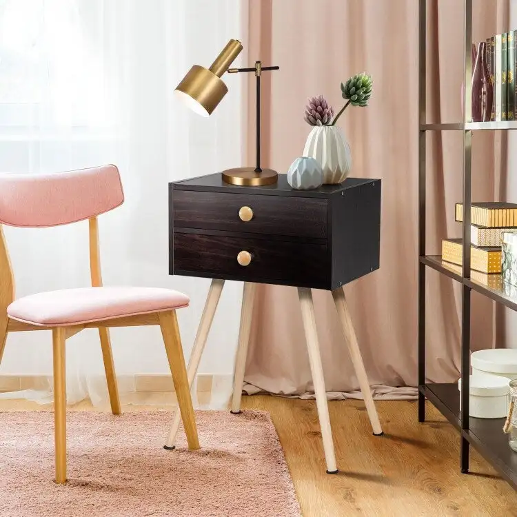 Brown Mid-Century Modern Nightstand with 2 Drawers