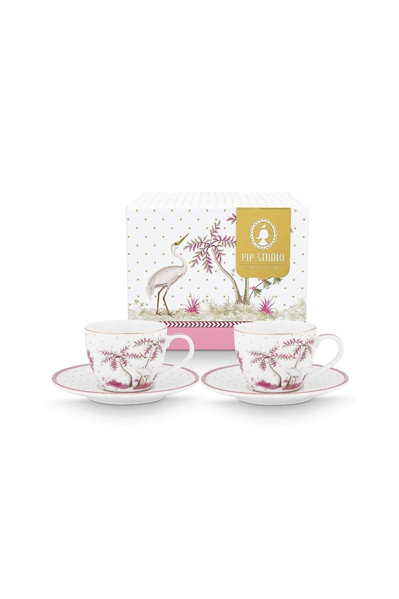 Set/2 Espresso Cups & Saucers Jolie Dots Gold Pink