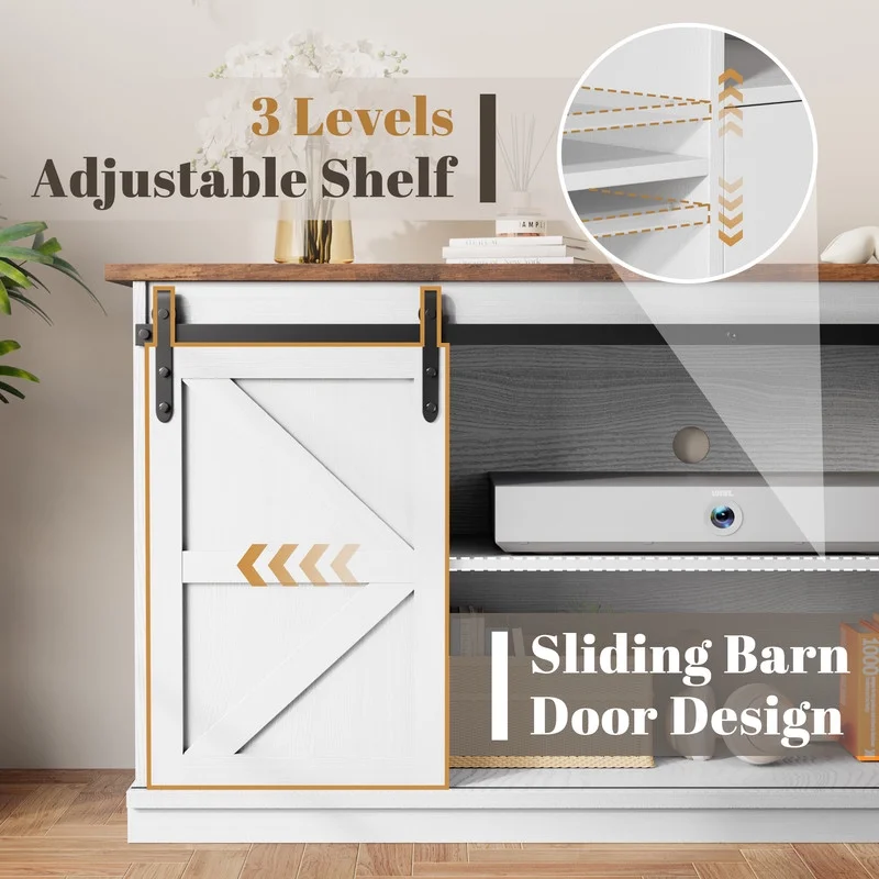 Vineego 70 inch Farmhouse TV Stand for Living Room, Entertainment Center with Sliding Barn Doors & 4 Storage Drawers, Adjustable Shelves Rustic Media Console for Bedroom,White - Image 6