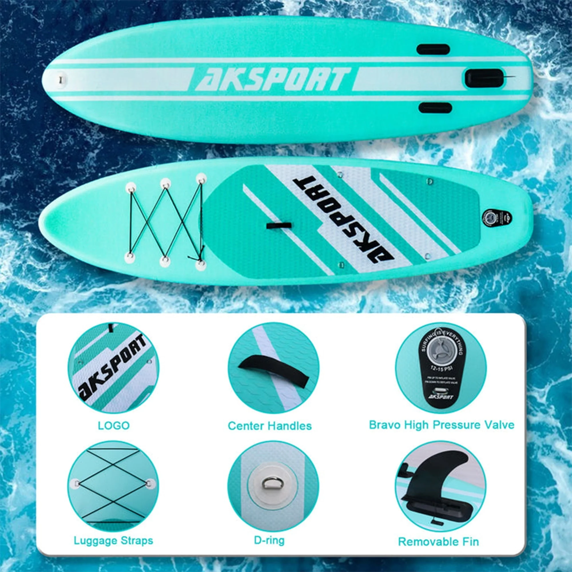 AKSPORT 10'6" Inflatable All Around Stand up Paddle Board Kit, Mint Green - Image 3