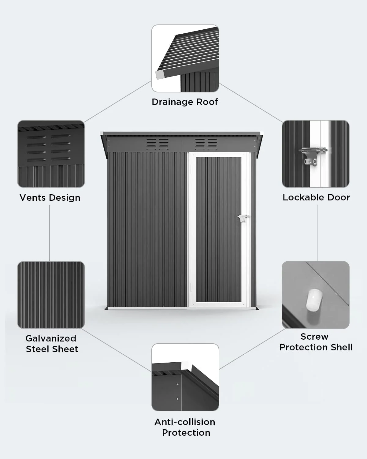 5' x 3' Outdoor Storage Shed, Metal Outdoor Storage Cabinet with Single Lockable Door, Waterproof Tool Shed,Gray - Image 9