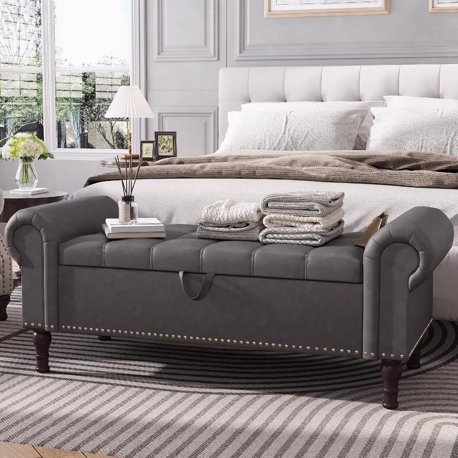 YOUDENOVA Storage Ottoman Bench for Bedroom 51" Queen Leather Storage Bench with Button, Upholstered Bedroom Bench with Rolled Arms for Living Room, Storage Room, Entryway, Gray