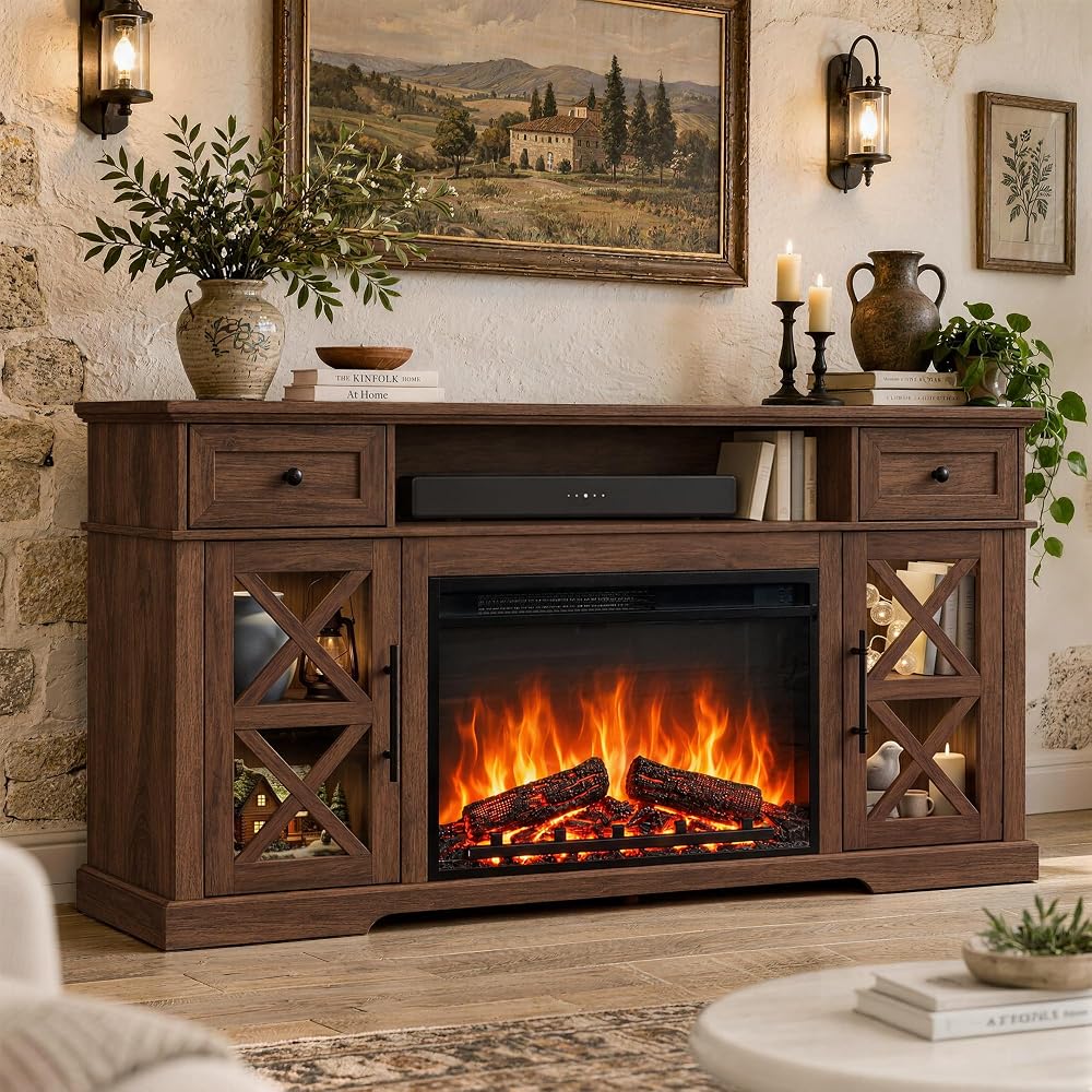 YINIX 59" Fireplace TV Stand with Wider 26" Electric Fireplace, Red Walnut