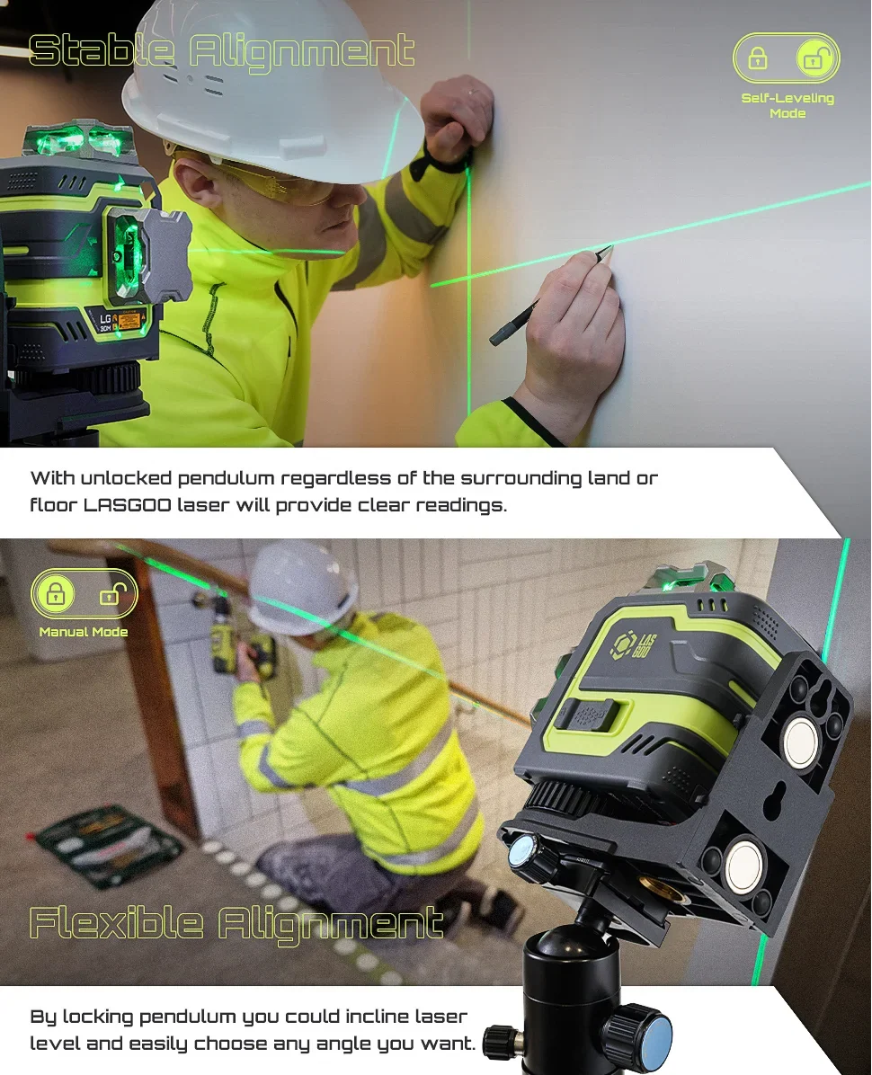 Laser Level 3x360- LASGOO with Remote Control, 2 Rechargeable Batteries, 100FT Range, 360- Magnetic Rotating Stand, IP54, 3Ds