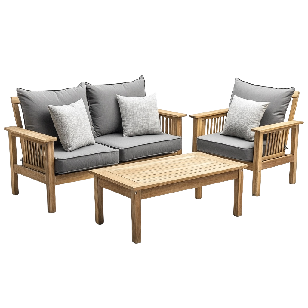 Conjunto de sofá y sillones de madera natural con cojines grises, para terraza y jardín, diseño compacto y funcional mu3569216