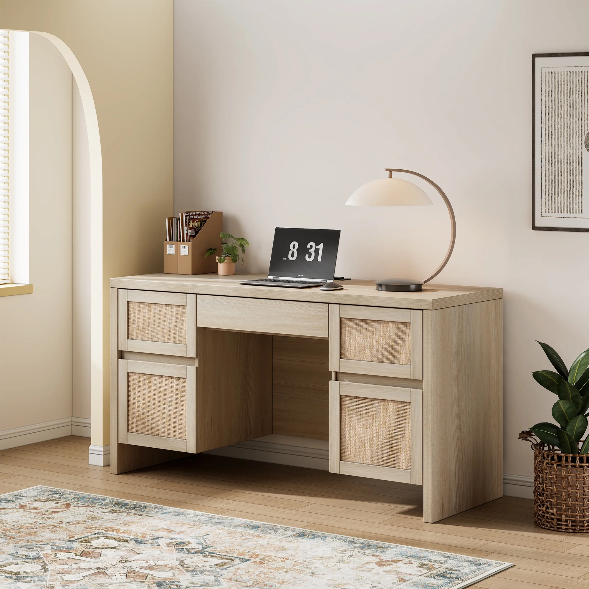 Brafab Home Office Desk with Charging Station, 5-Drawer Executive Desk with Rattan Front, Modern Farmhouse Computer Writing Desk, Built-in USB/Type-C Ports & Outlets - Image 13