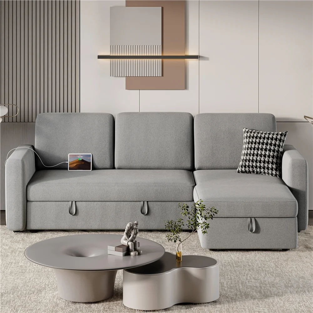 Alden Design Reversible Sectional Sofa with USB & Type-C Ports for Livingroom, Light Gray - Image 9