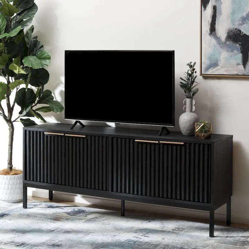 Mid Century TV Stand with Tambour Doors and Storage Drawers