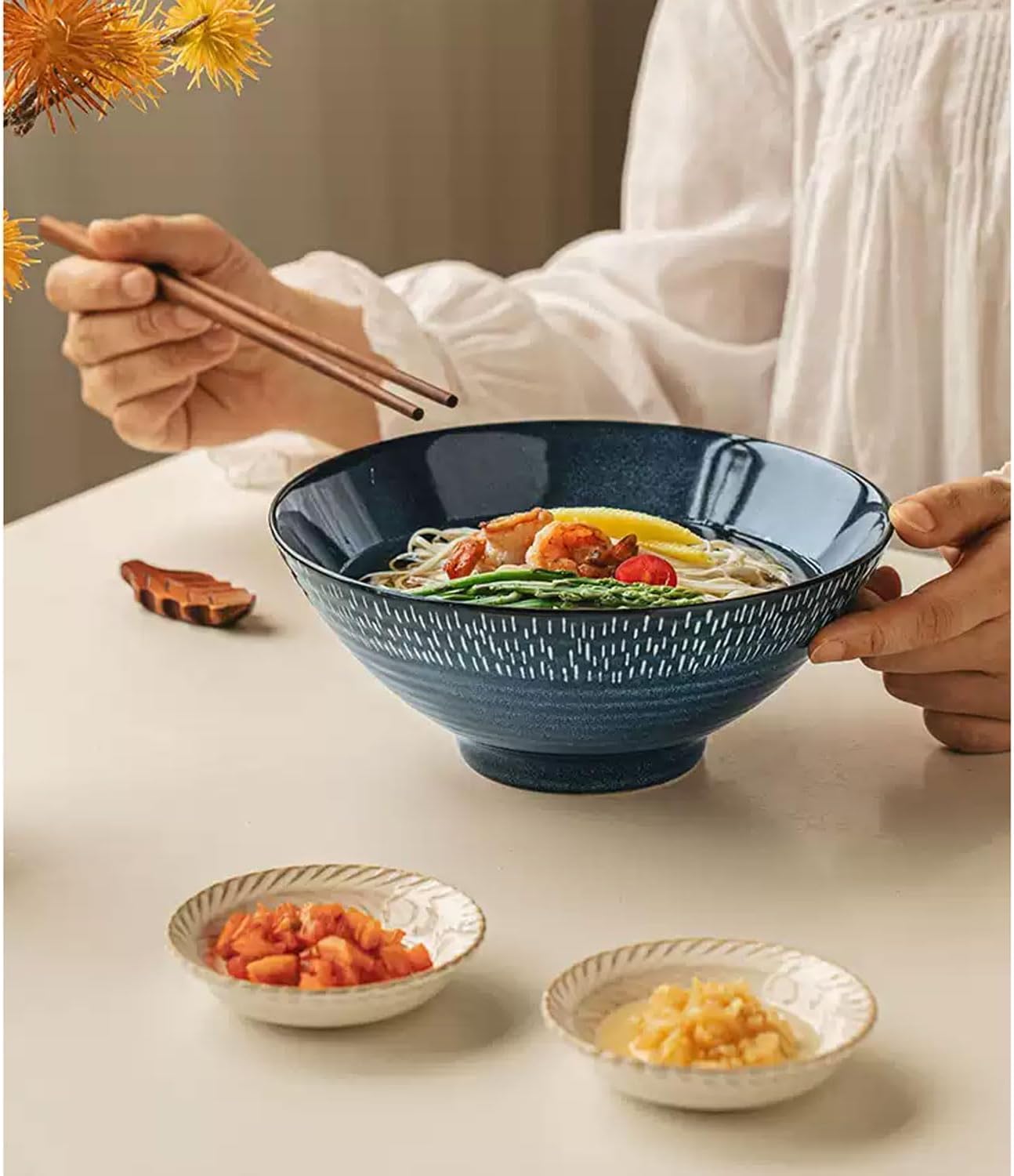 Ceramic Ramen Bowl Set - Set of 8, 2 x Ramen Bowls with Chopsticks, Ceramic Bowl & Frame Spoon for Asian Noodles and Udon (2-Piece Bowl Set) (2-Piece Set Blue Starry Sky)