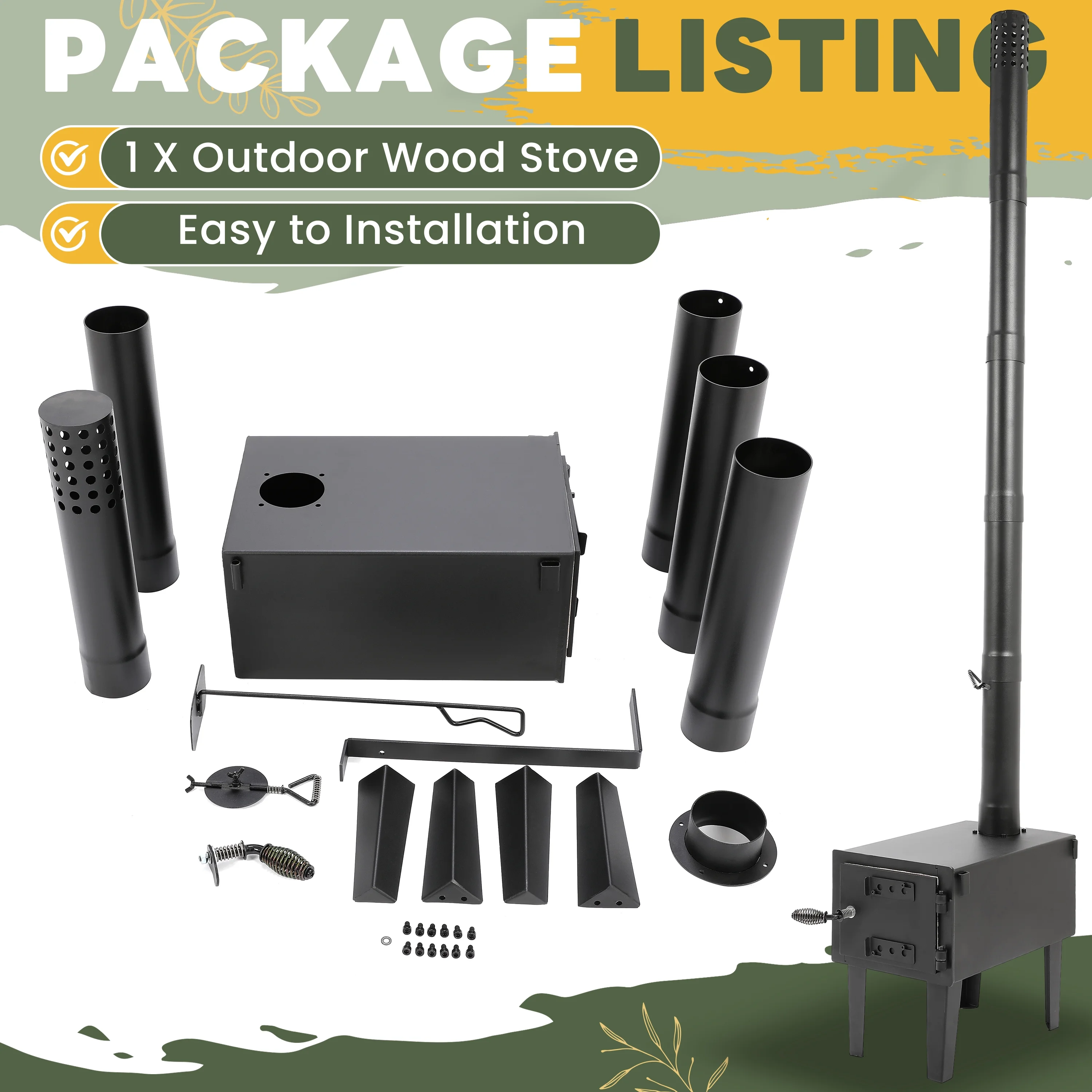 Kojem Wood Burning Stove Tent Camping Stove for Outdoor Cooking Fishing Hiking Travel Portable Heater W/Storable Chimney Pipes - Image 5