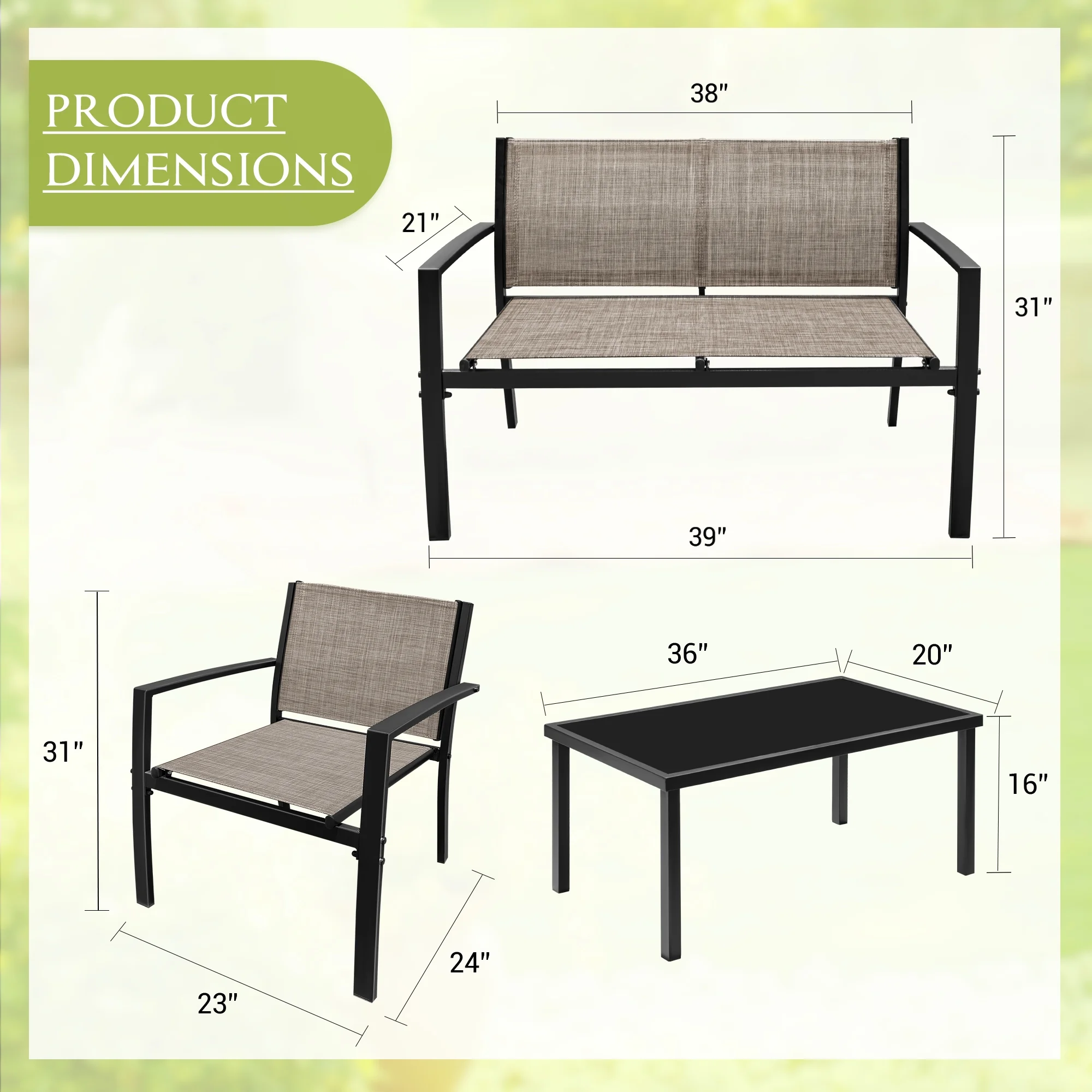 LACOO 4 Pieces Outdoor Furniture Set Patio Textilene Steel Conversation Set with Loveseat Tea Table for Lawn and Balcony, Black - Image 19