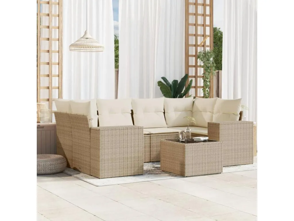 Set sofás de jardín 7 piezas y cojines ratán sintético beige