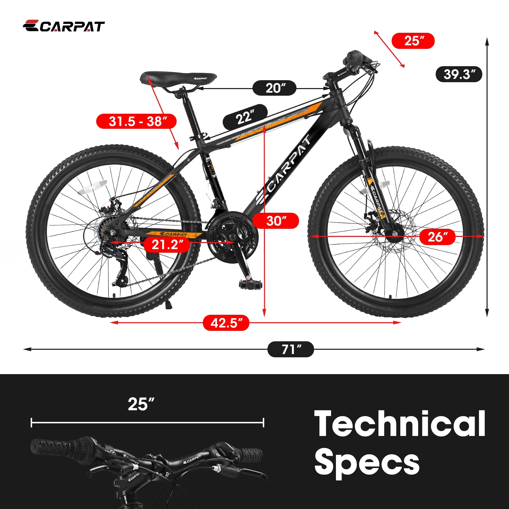 26 inch Mountain Bike for Men, Adult Mountain Bike with Shimano 21 Speed & Disc Brakes, Black Orange - Image 5