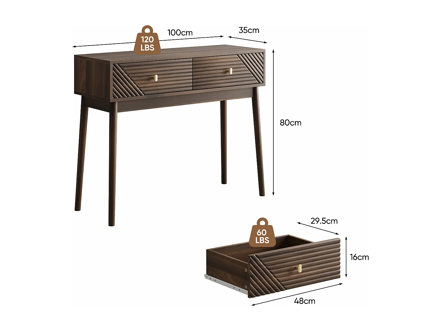 Escritorio Mid-Century, 2 cajones, MDF, nogal (100x35x80 cm)