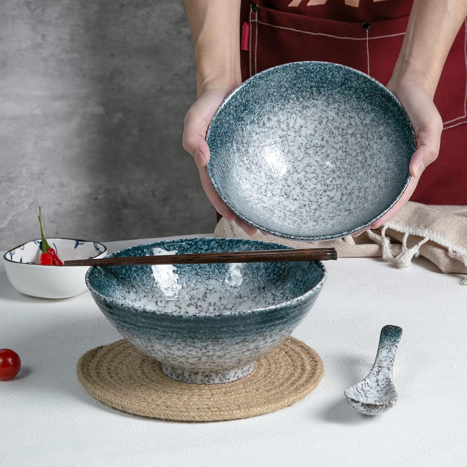 40 oz Ceramic Ramen Bowl Set of 2, Ramen Noodle Bowl with Spoons and Chopsticks 8 Inch Japanese Retro Style Large Soup, Pho, Udon Bowls, Microwave & Dishwasher Safe, Stone