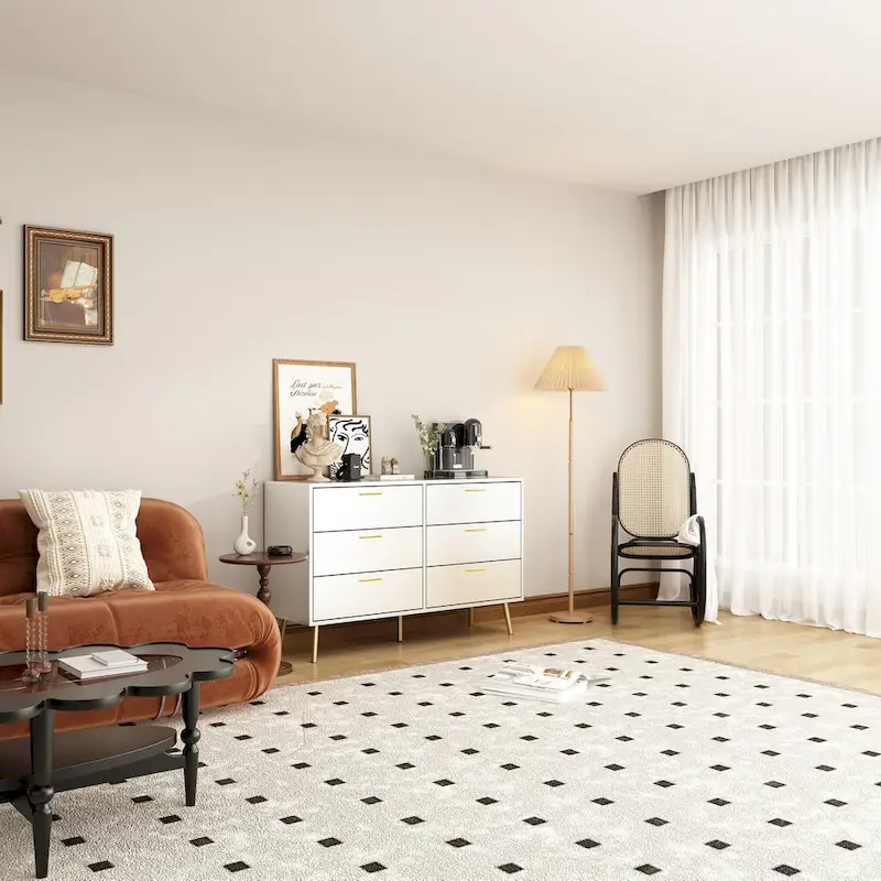 Elegant 6-Drawer Double Dresser with Gold Accents for Stylish Bedroom Storage