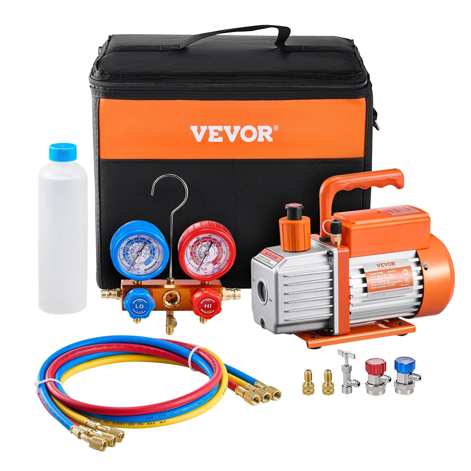 VEVOR 3.5 CFM AC Vacuum Pump and Gauge Set,Single Stage Rotary Vane HVAC Air Vacuum Pump,A/C&nbsp;Refrigerant&nbsp;Manifold Gauge Kit, with Hoses,for R134a,R12,R22,R502a,R410A,R404,R407C Refrigerants