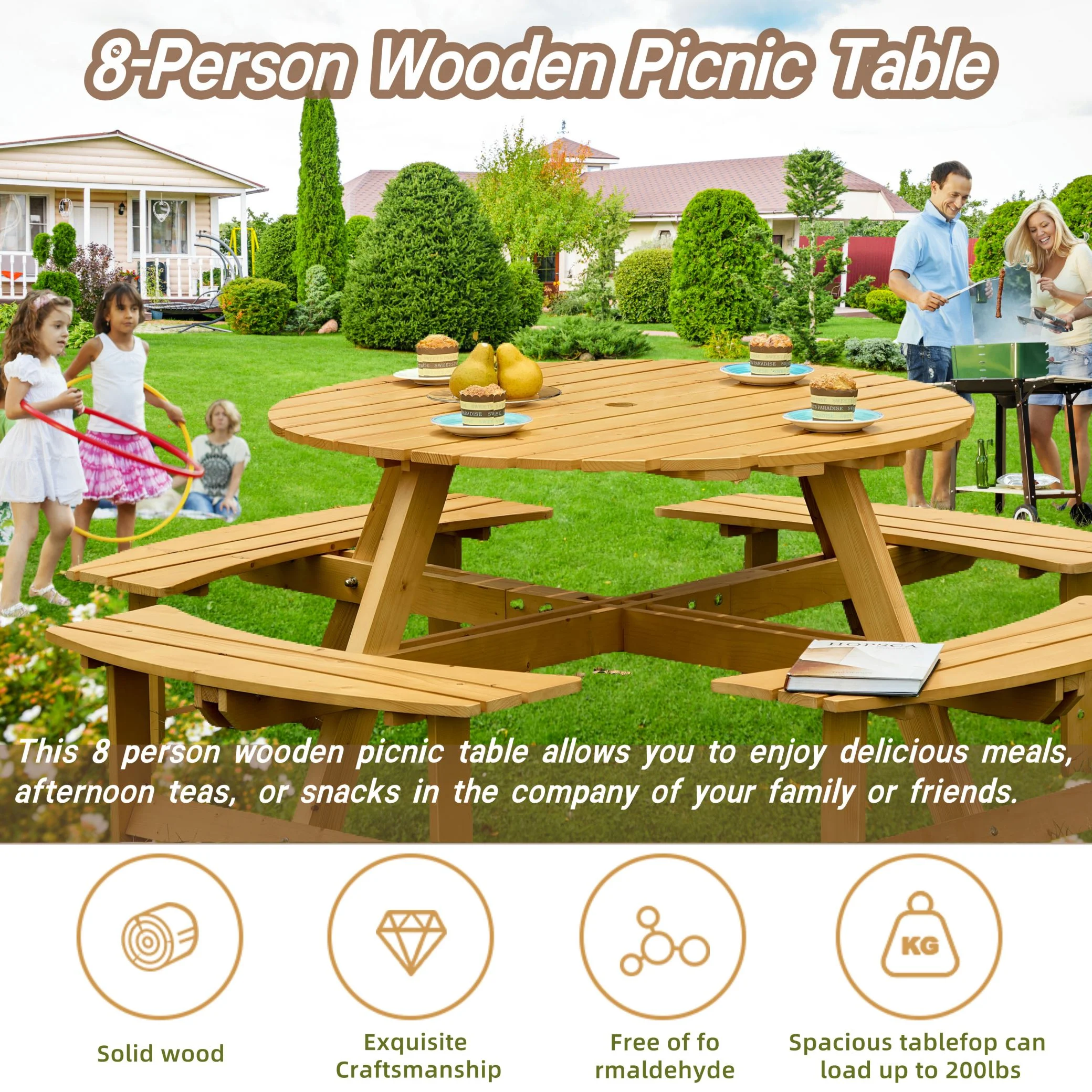8 Person Wood Picnic Table, Outdoor Round Picnic Table with 4 Built-in Benches, Umbrella Hole, Outside Table and Bench Set for Patio, Backyard, 500lbs Capacity Per Bench - Image 10