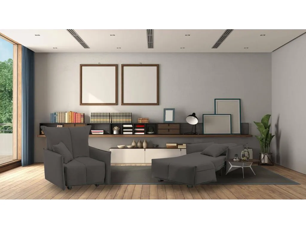 Sofá Cama Quietena - Sofá individual - Sillón de salón con apertura para carrito - de tejido acolchado - con reposabrazos estándar - 110x90h85 cm - Gris